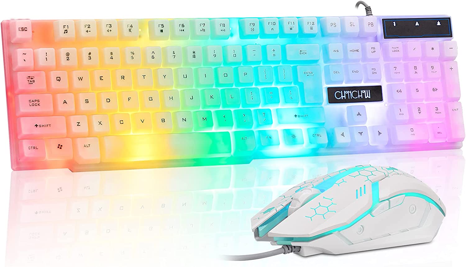 CHONCHOW LED Keyboard and Mouse Combo, 104 Keys Rainbow Backlit Keyboard and 7 Color RGB Mouse, White Gaming Keyboard and Mouse Combo for PC Laptop Xbox PS4 Gamers and Work