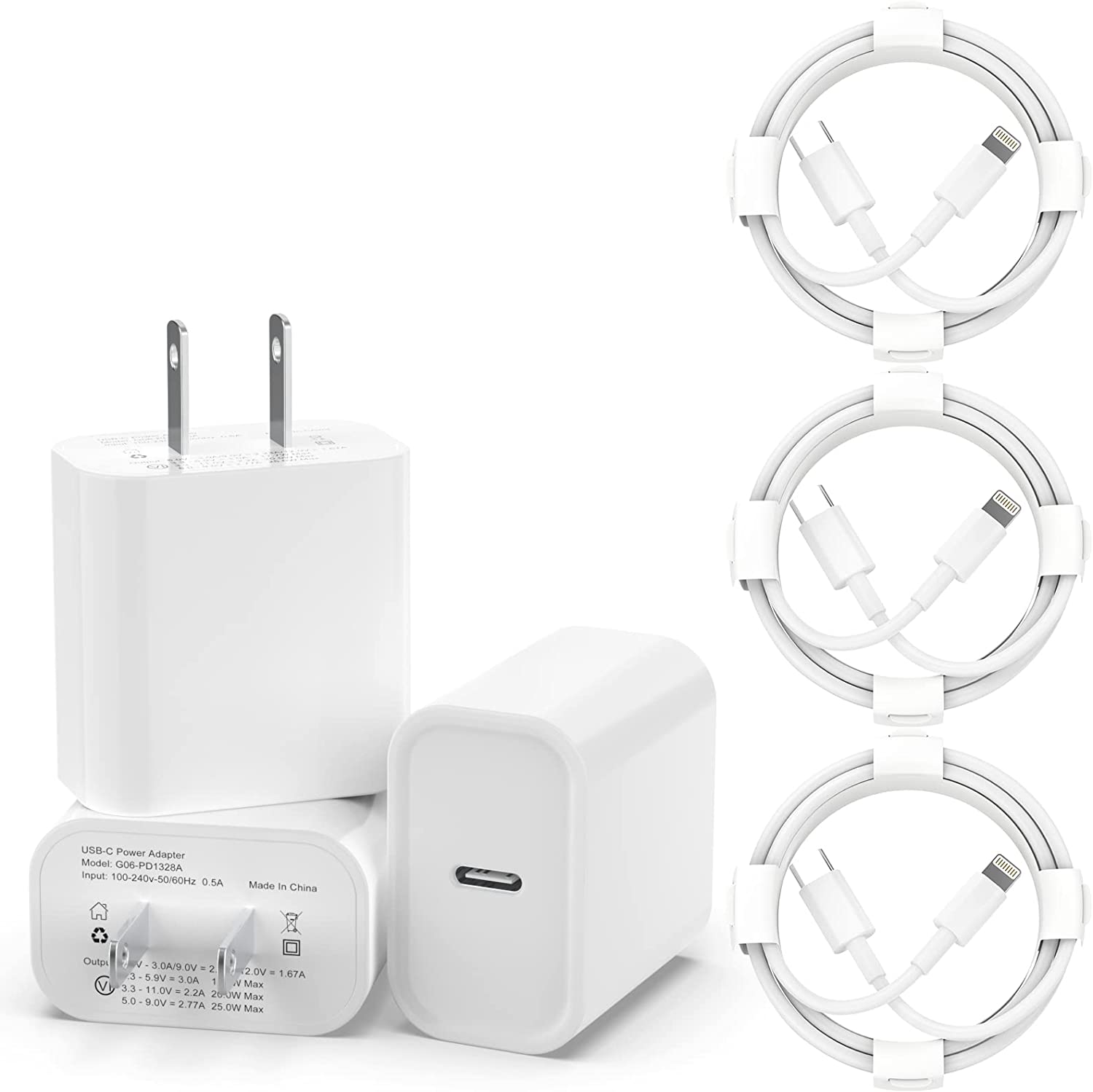 3 Pack iPhone Fast Charger [Apple MFi Certified], 20W PD USB C Wall Charger Adapter with 3 Pack 6FT Type C to Lightning Cable Compatible with iPhone 14/13/13 Pro/12/12 Mini/Pro/Pro Max and More-White