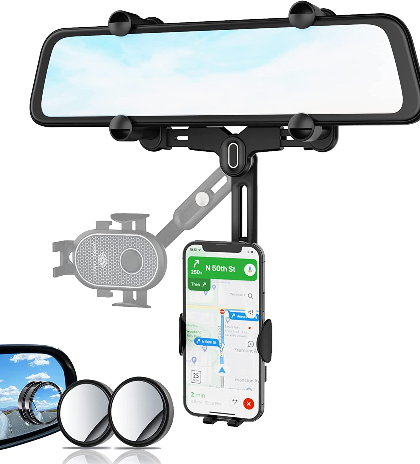 UNIQUE BRIGHT Phone Mount for Car-Rear View Mirror Phone Holder for Car-Rotatable Car Phone Holder Mount-Retractable Truck Phone Cradle-Compatible with iPhone Samsung 4"-7"+2 Blind Spot Mirror.