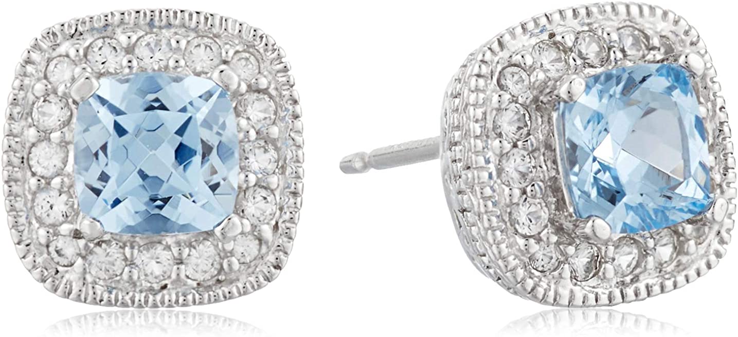 Amazon Collection Sterling Silver Cushion Cut Birthstone and Created White Sapphire Halo Stud Earrings